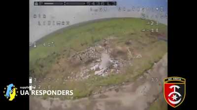 Ukrainian FPV bomber drone drops grenades into russian dugout, Donbass, summer 2024.