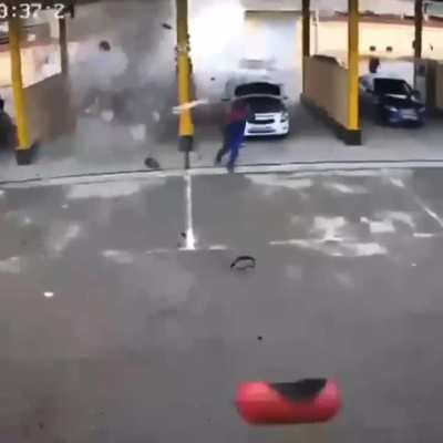 Car jacks up guy minding his own business