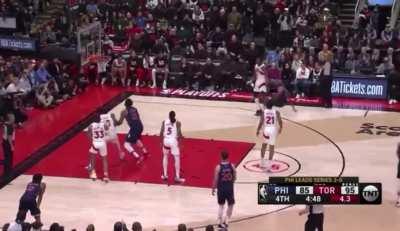 [Highlight] Harden takes a step back, misses and falls down... Embiid grabs the rebound, misses a shot then falls down. Zero contact from Raptors defence.