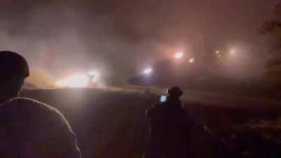 Ru pov: Footage of Russian BM-21 GRAD MLRS firing a barrage of missiles on UAF positions at night