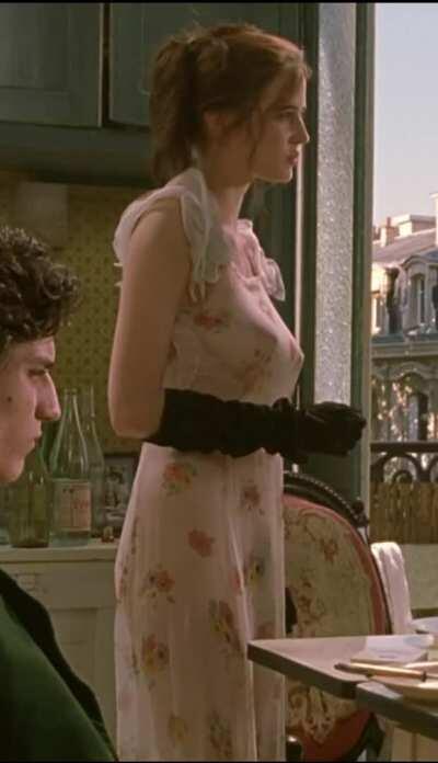 In fully transparent dress, serving dinner, in The Dreamers (much MIC)