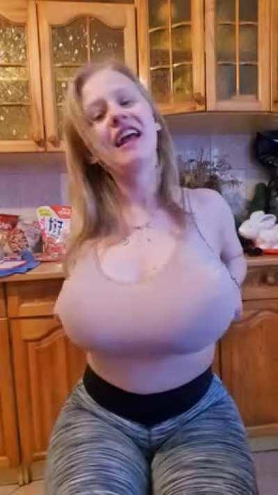 Another home movie. BOOM! Me and my big boobs in the kitchen. Heh