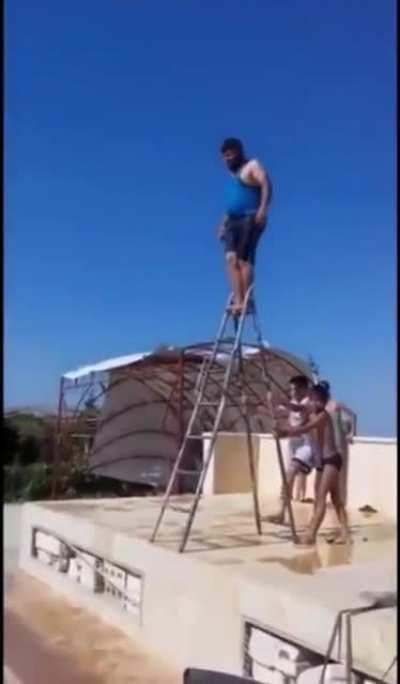 Awesome jump into the pool with sick moves in the air