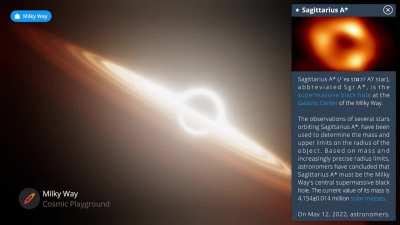 A volumetric black hole with gravitational lensing, red- / blue-shifting, and thermal coloring from blackbody radiation. (Credit: Milky Way app)