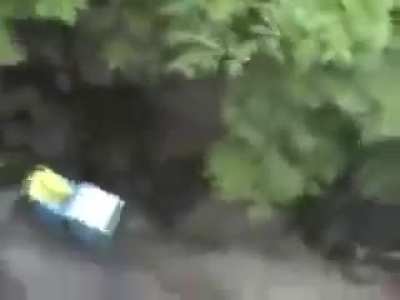 Couple of Lads Fill up MASSIVE water balloon and DROP it from high building on PORTA POTTY with someone in it.