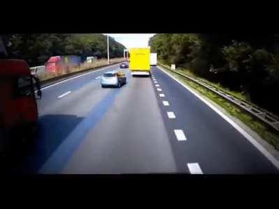 Driver crosses multiple lanes, survives.