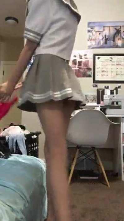 Teen schoolgirl cosplayer strips for you