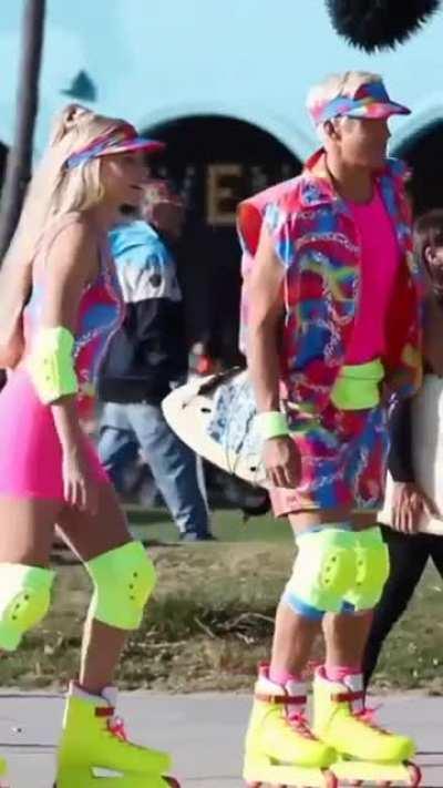 with Ryan Gosling on the set of Barbie