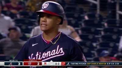 [Highlight] Juan Soto hops around in disbelief after whiffing on a Matzek fastball in the top of the zone