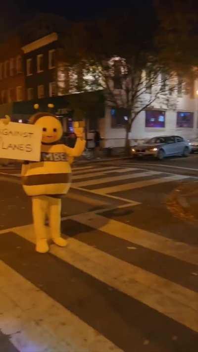 Idiot disguised as a bee blocking bike lanes in Washington, Maryland, USA