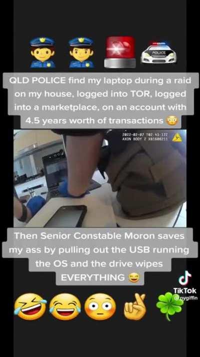 Cop fucks himself over when he accidentally unplugs USB with TAILS on it