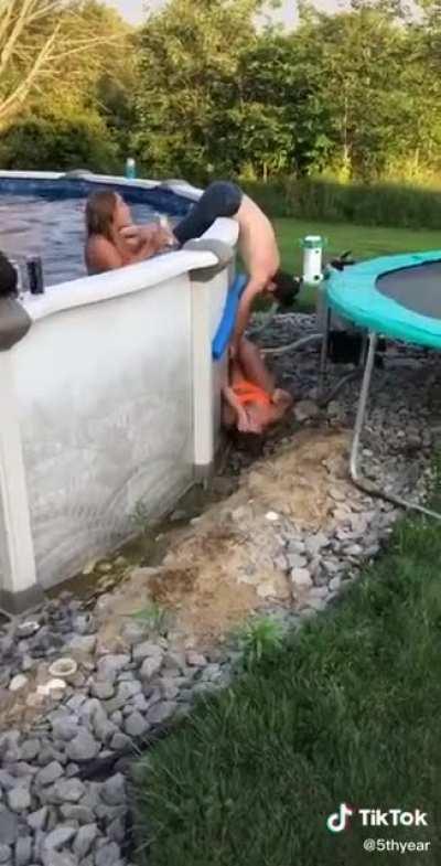 Yes, jumping off the roof onto a trampoline into an above ground pool... what could POSSIBLY go wrong...?
