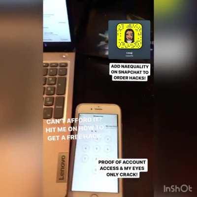 BRUH IF ANYONE NEEDS TO ORDER ACCOUNT ACCESS, ACCOUNT RECOVERY, MY EYES ONLY HACKS & MORE HIT NAEQUALITY ON SNAP // 30K TELEGRAM + PROOF IN COMMENTS!