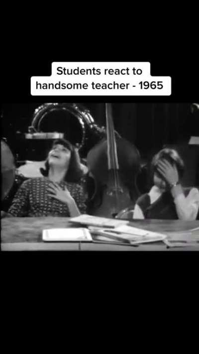 Candid footage from 1965 of two school girls reacting to handsome teacher 