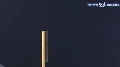 Gang-nam Yu Of The Korean Baseball Organization’s LG Twins Hits A Home Run That bounces off the top of the foul pole