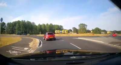 Bad road design, impatient idiot and confused idiot combine