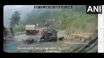 A massive rock smashed a car leaving two people dead and three seriously injured in Dimapur's Chumoukedima, Nagaland, earlier today