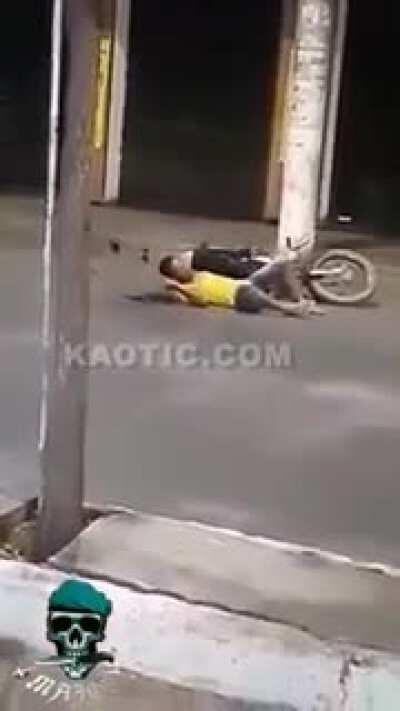 Girl completely dominates a dude with a motorcycle helmet and a couple kicks
