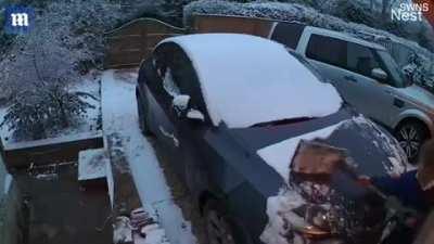 Kid wanted to surprise dad by clearing the snow off the car.