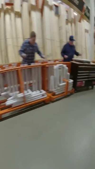 Performing the Home Depot theme inside Home Depot using DIY items.