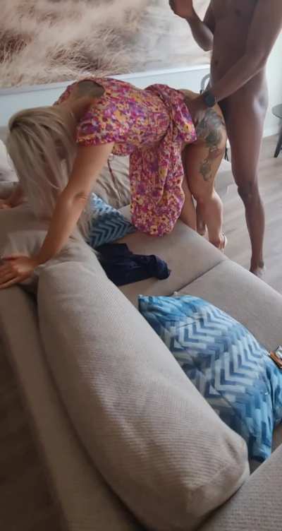 I got home from work and my bull was there with hubby waiting for me.. I didn't even get to take my summer dress or shoes off before he had me bent over and was fucking me while my husband watches 