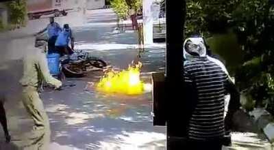 bike catches fire while sanitizing