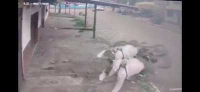 motorcyclist goes flying after being clipped by another motorcyle