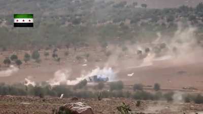 FSA 1st Regiment engage a IS SVBIED with heavy fire, forcing the driver to abandon the vehicle and flee on foot - Northern Aleppo, Syria - 2016