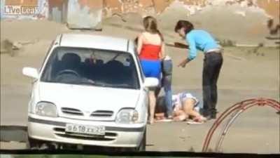 Tire iron + stomp to face