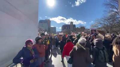 Protesters against the Trump Administration gather at Washington Square Park in Manhattan, NYC, during Presidents Day