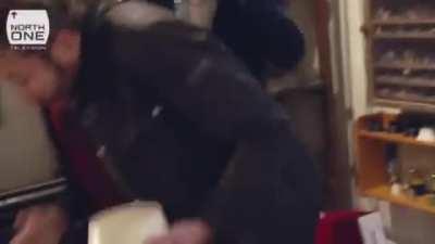 Chris O'Dowd pretending to drop a snowglobe. Then dropping it.