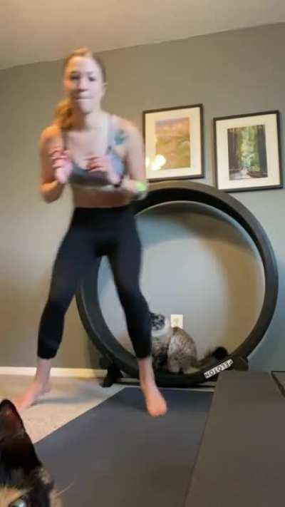 Pippa always likes to work out with me, but I just noticed that she speeds up when I do!