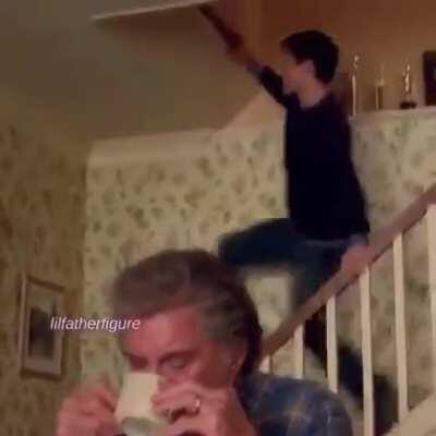 Peter Parker (a.k.a. Spiderman) running down the stairs