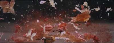 This is what happens when a 152mm round is fired at human from an howitzer, the round weighs around 47 pounds(21Kg) at the speed of 2500 ft/s (760m/s).