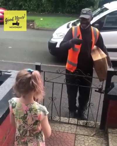 An 8-year-old greets a deaf delivery driver with the greetings he taught her over several weeks. After practicing, she finally gets them right, bringing joy to the delivery driver.