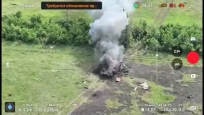 A russian BMP-2 is on fire and explodes after being hit by a Ukrainian FPV kamikaze. West of the village of Mykolayivka Druha, Donetsk region.