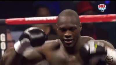 Deontay Wilder Windmills punches at Audley Harrison as Anthony Joshua laughs in the crowd