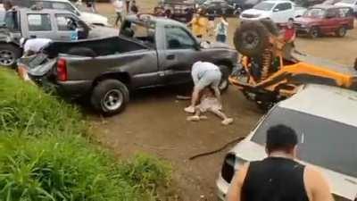 Spectator hit by airborne vehicle