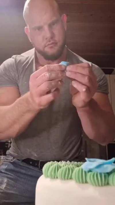 Chad decorates a cake