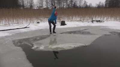 Chopping ice, next to water