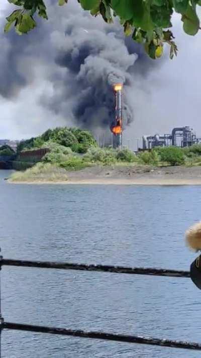 Fire at a waste water treatment works. Birkenhead, UK. July 2021
