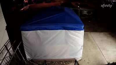 This was captured in 2 parts from my home security camera early morning 4:48am, it comes in up top around my Xfinity sign. What could this be? It’s completely transparent which I don’t understand. My camera does switch to night vision when needed but it d