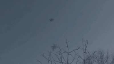  Ukrainian Air Force F-16 fighter flies on a combat mission during one of the latest missile attacks