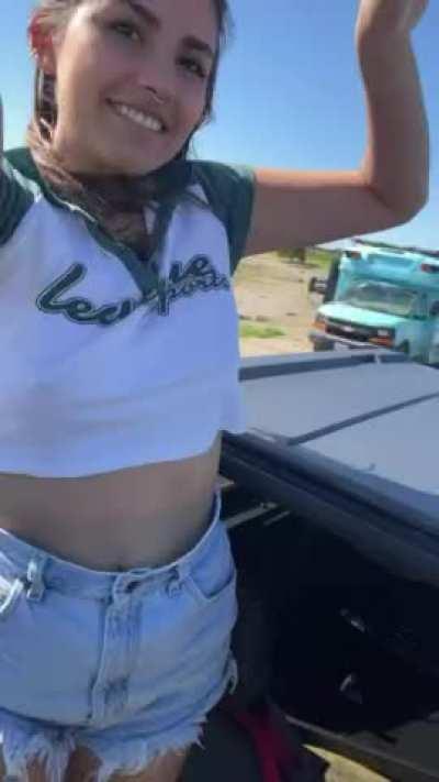 Couldnt resist flashing my titties out the sun roof ;)