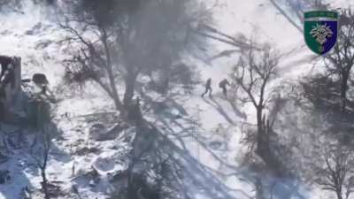 An FPV pilot from the Ukrainian 38th Marine Brigade hit a Russian soldier with his quad propelling him several meters into the air. Kursk Oblast.