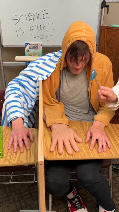 Fake hand experiment. It's interesting how the brain can be tricked into feeling pain.