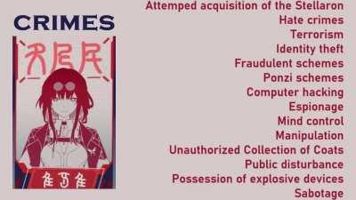 The crimes Kafka is being accused of by the Xianzhou Alliance