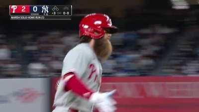 [Highlight] Brandon Marsh atones for his errors from last night by hitting a deep one to right center field.