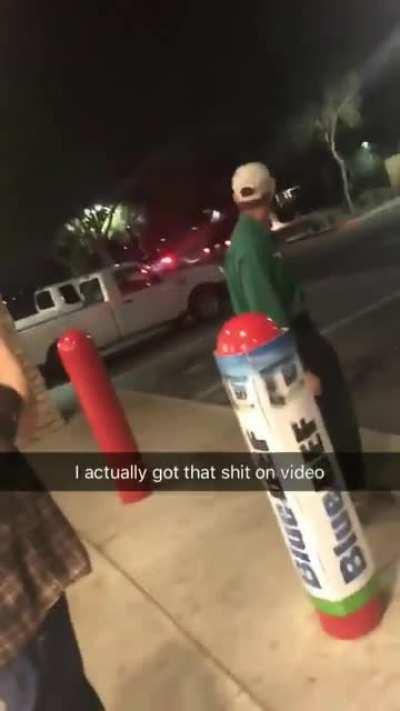 I was at an auto parts store in Arizona and this kid was giving the guys behind the counter a hard time. Make a scene when he was leaving and decided to do this.
