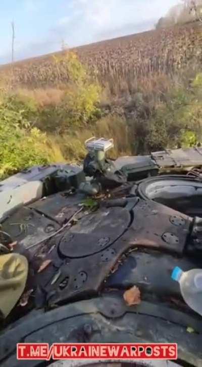 A Ukrainian Tank team in combat operations shelling a Russian military outpost using Tank fire in the South
